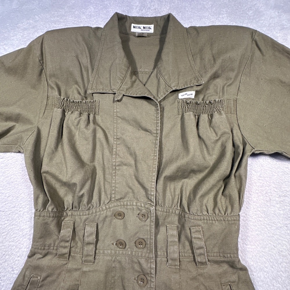 Vintage Nok Nok Dress Womens M Army Green Military Inspired Ramie Cotton Midi - Picture 3 of 12